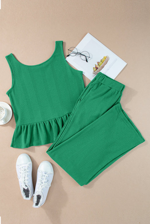 Solid Color Ribbed Ruffle Tank Top and Pants Set